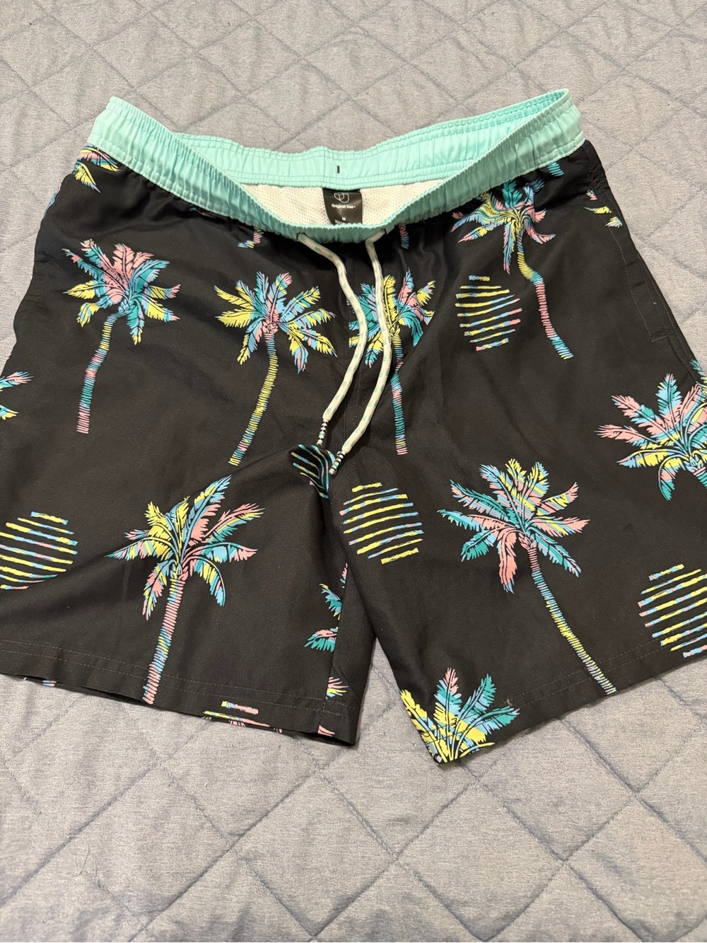 Original Use Mens Palm-Print Swim Trunks with Mint Waistband